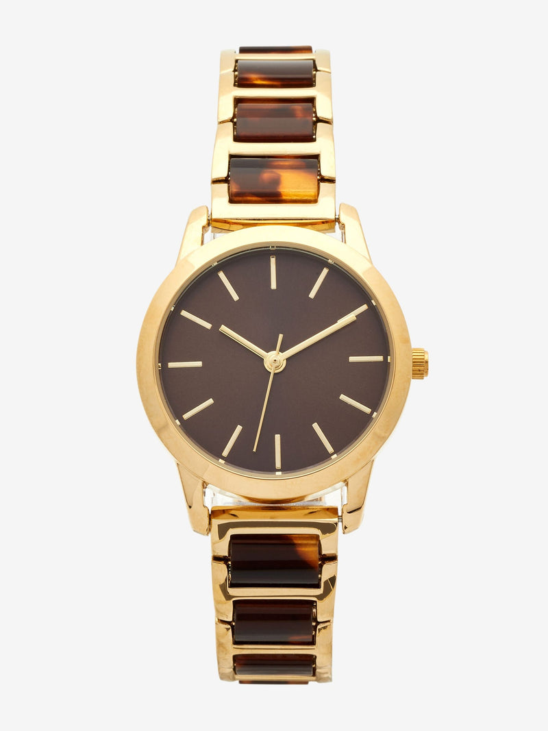 Gold tone tortoiseshell link bracelet watch, 3cm diameter, UK version