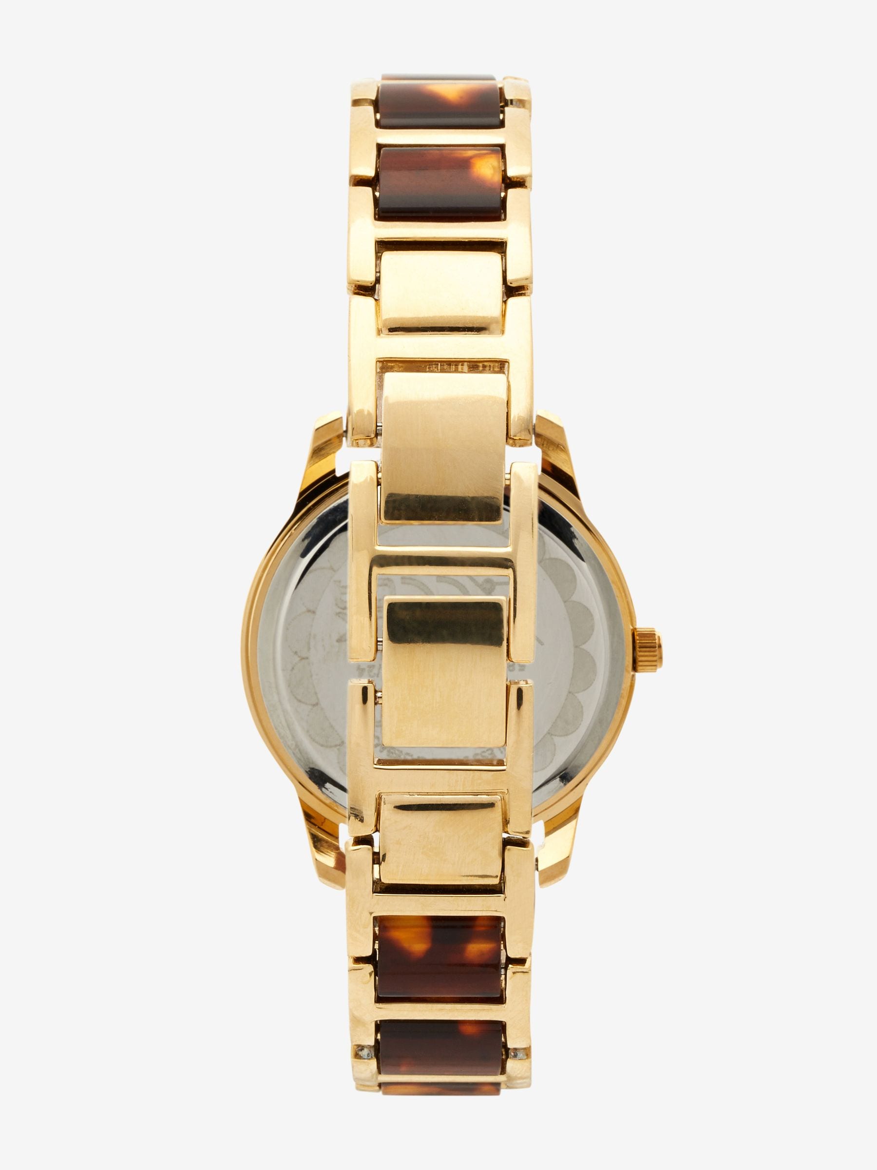 Gold tone tortoiseshell link bracelet watch, 3cm diameter, UK version