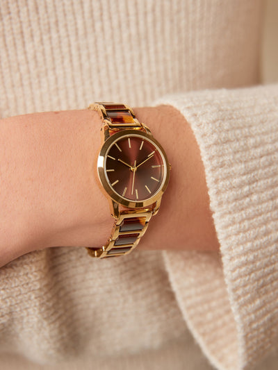 Next Gold Tone Tortoiseshell Link Bracelet Watch with Clip Fastening, 3cm Diameter- Buy online at McGrocer