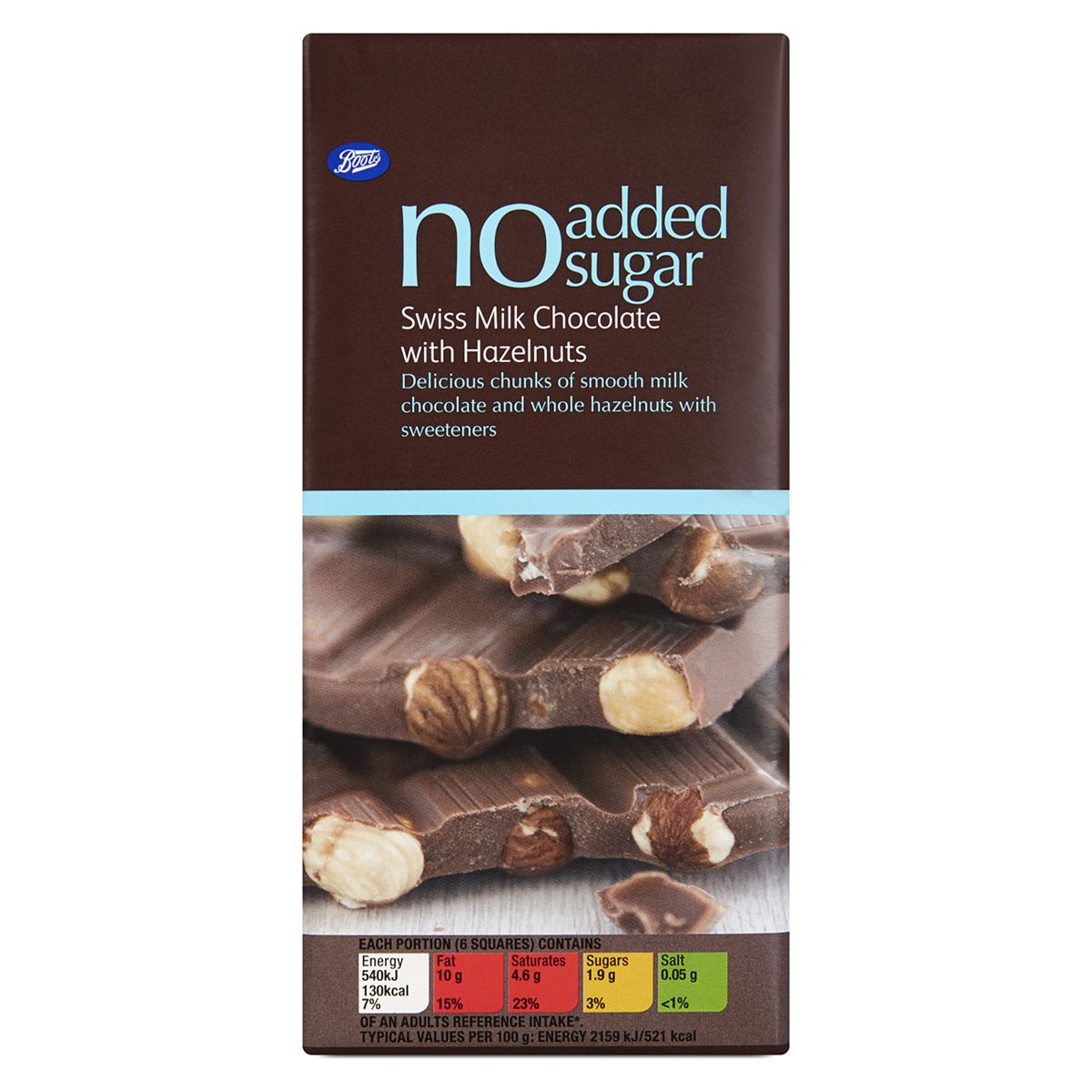 Boots No Added Sugar Swiss Milk Chocolate with Hazelnuts 100g GOODS Boots   