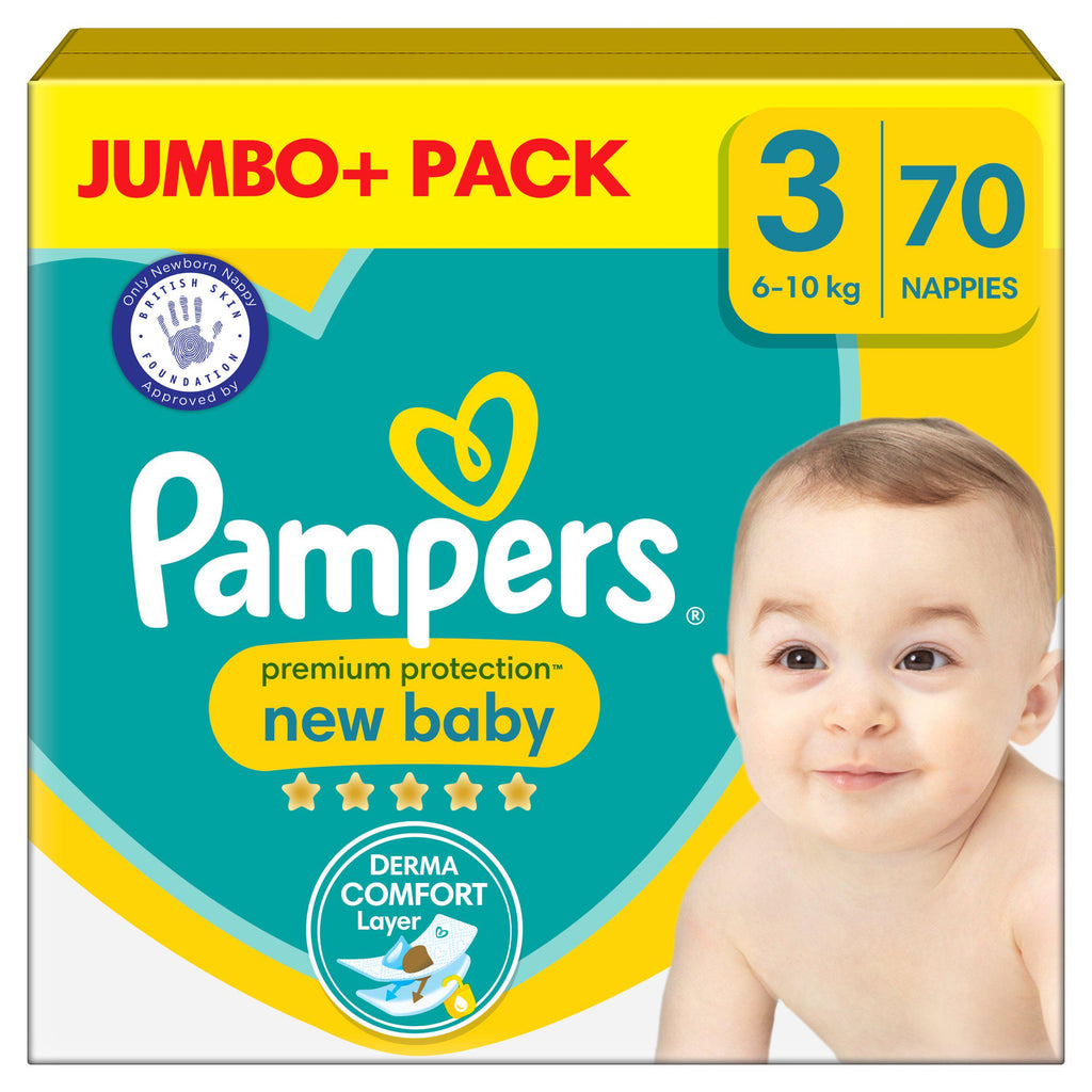 Pampers Premium Protection New Baby Jumbo+ Pack Nappies Size 3, 6kg-10kg x70