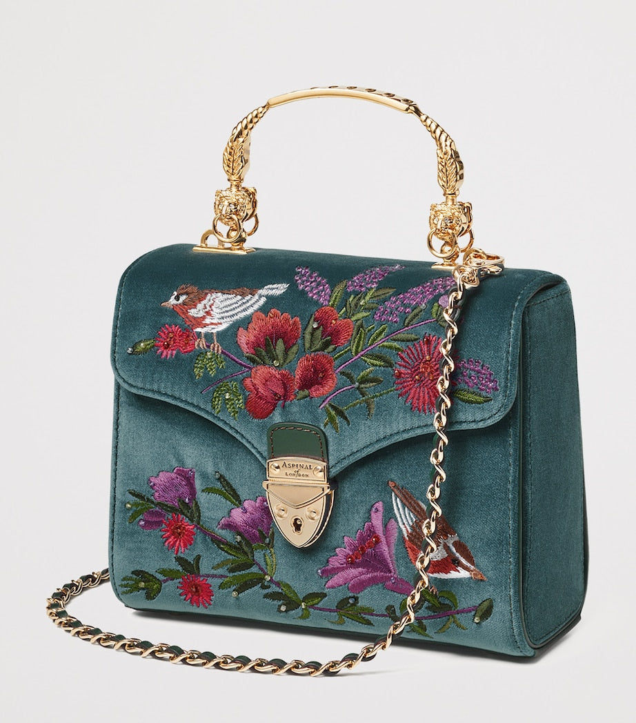 Aspinal of London Mayfair bag in velvet with floral embroidery (British brand)