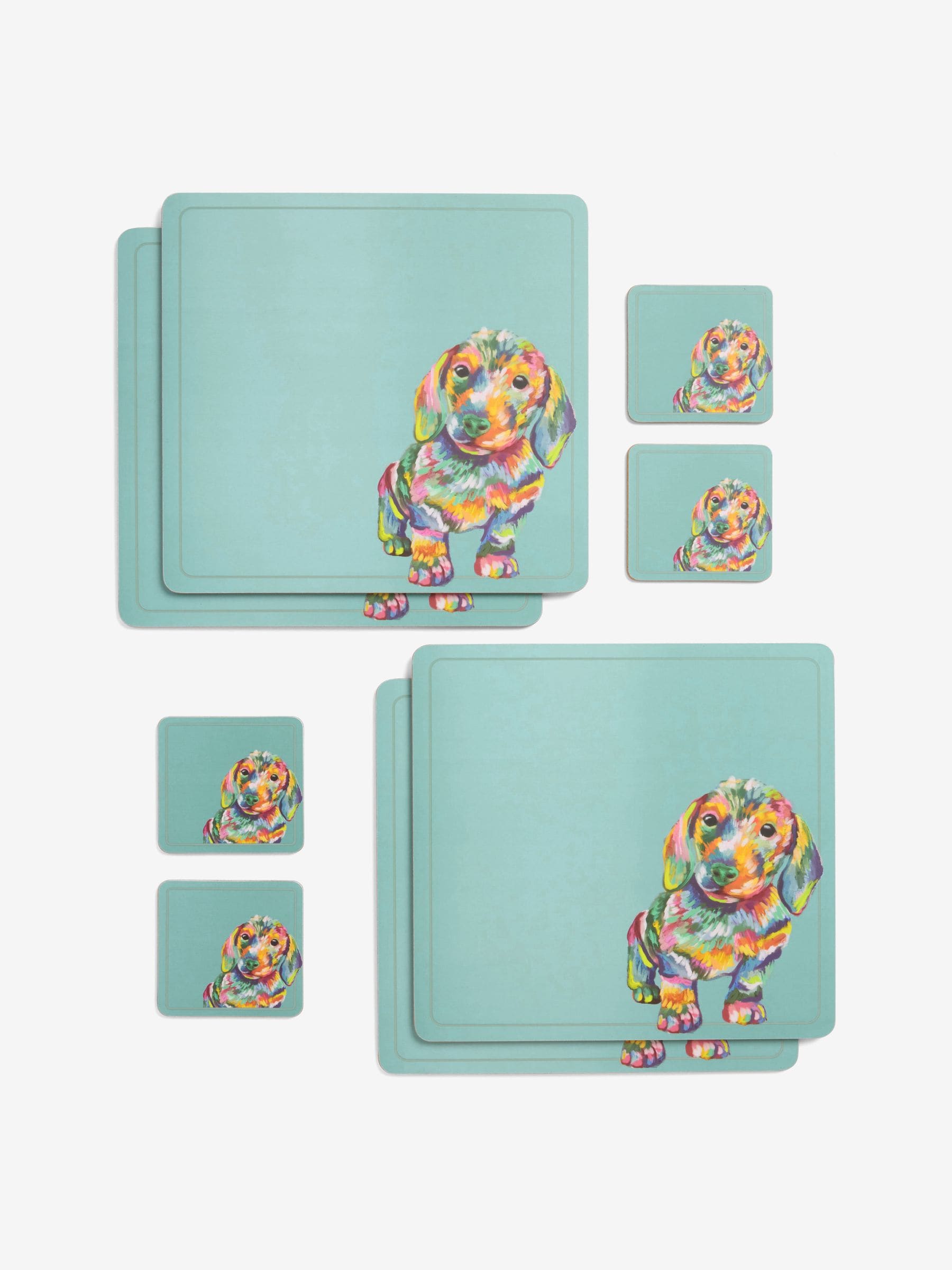 Teal blue sausage dog corkback placemats and coasters set of 4 (British brand)