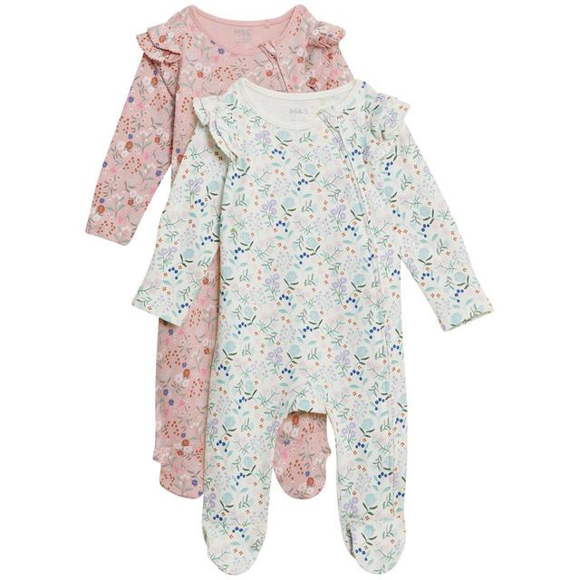 M&S 2pk Pure Cotton Floral Frill Sleepsuits 18-24 Months Pink Mix   2 x 1 per pack