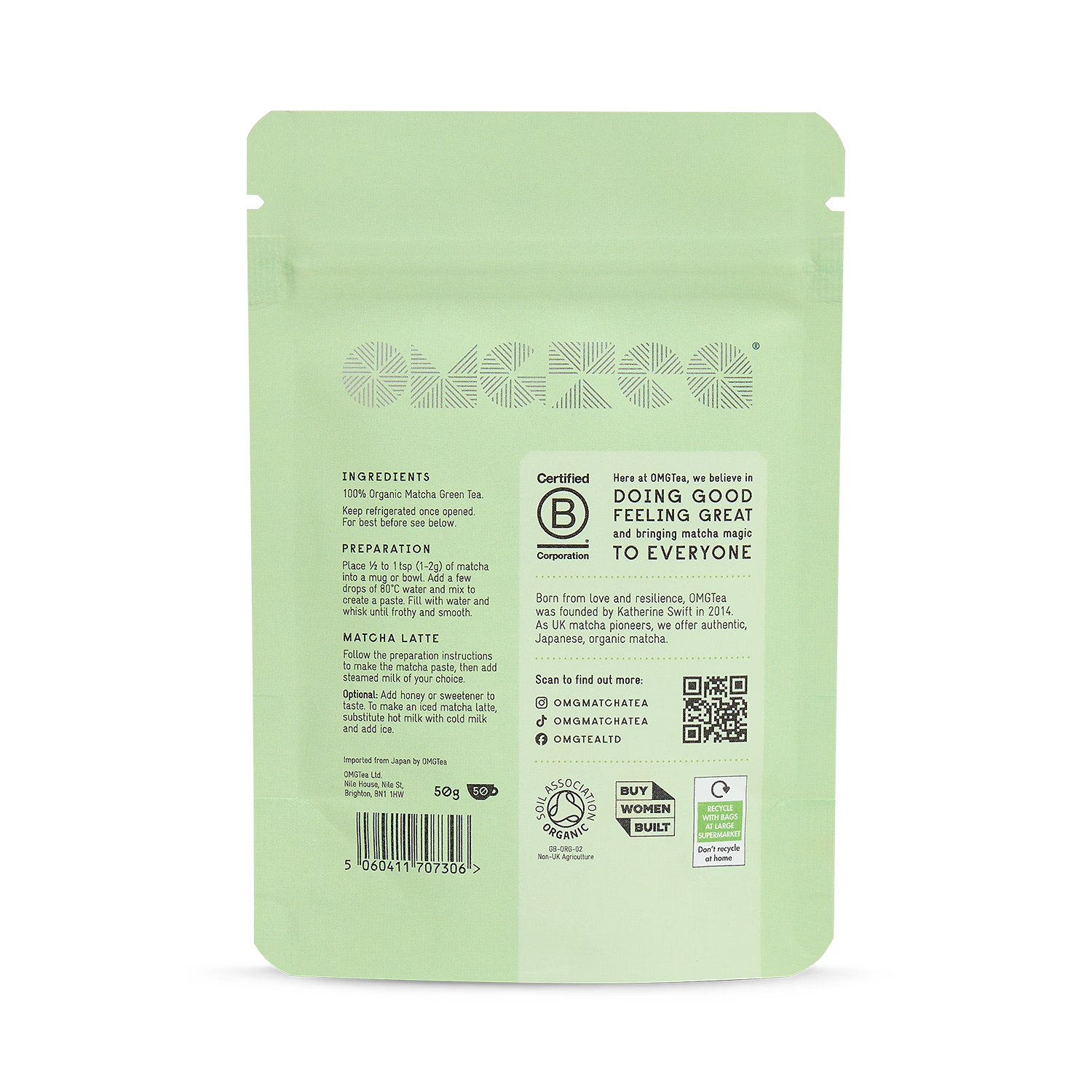 OMGTea organic matcha green tea powder 50g, imported from the UK