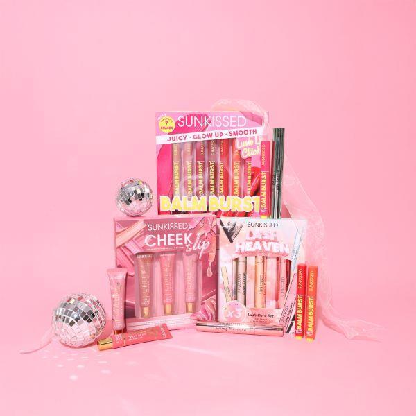 Sunkissed beauty gift set including lash serum, lip balms, cheek tint (British brand)