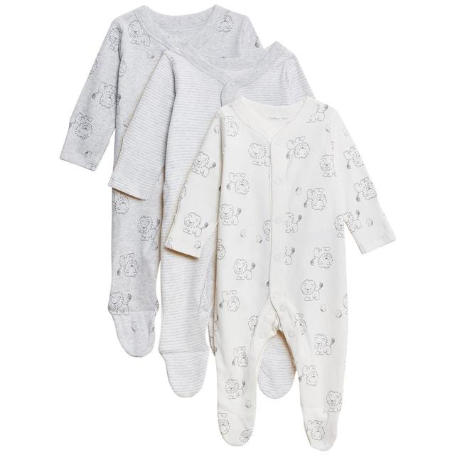 M&S 3 Pack Lion Sleepsuits Silver Grey 0-3 Years