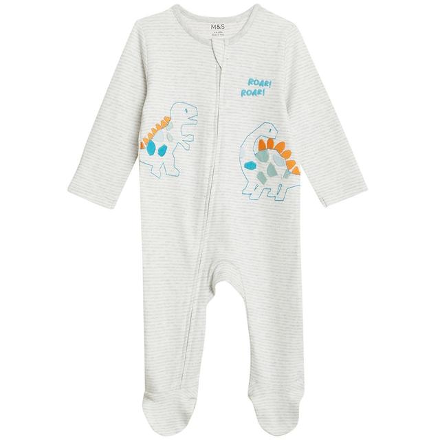 M&S Collection 2 Pack Pure Cotton Dinosaur Sleepsuits Grey Mix 0-3 Years