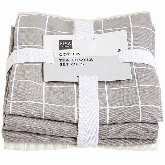 M&S Collection Set of 5 Printed Tea Towels One Size Mid Grey   5 per pack