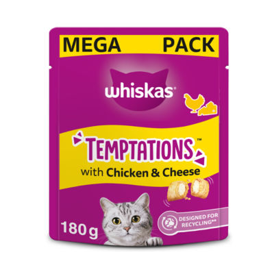 Whiskas TEMPTATIONS Voksenkattematgodbiter med Kylling og Ost 180g