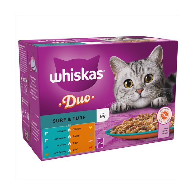 Whiskas 1+ Adult Wet Cat Food Pouches Surf & Turf Duo in Jelly   12 x 85g GOODS M&S   