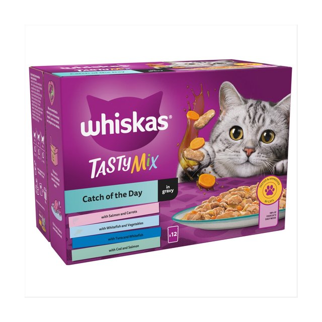 Whiskas 1+ Adults Wet Cat Food Pouches Tasty Mix Fish Selection in Gravy   12 x 85g