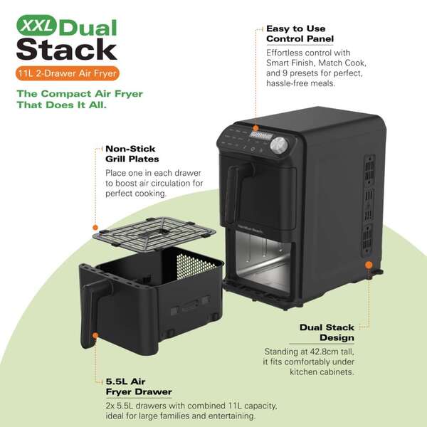 Hamilton Beach XXL Dual Stack 2-Drawer Air Fryer 11L, UK version