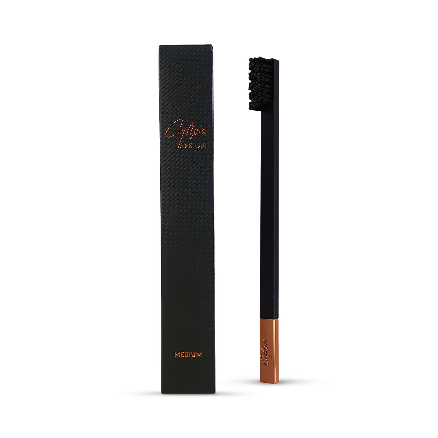 Apriori Copper Noir medium toothbrush with plant-based bristles, imported from the UK