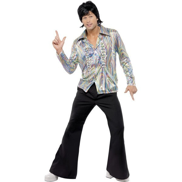 Smiffys 70s retro costume black psychedelic shirt flares (British brand)