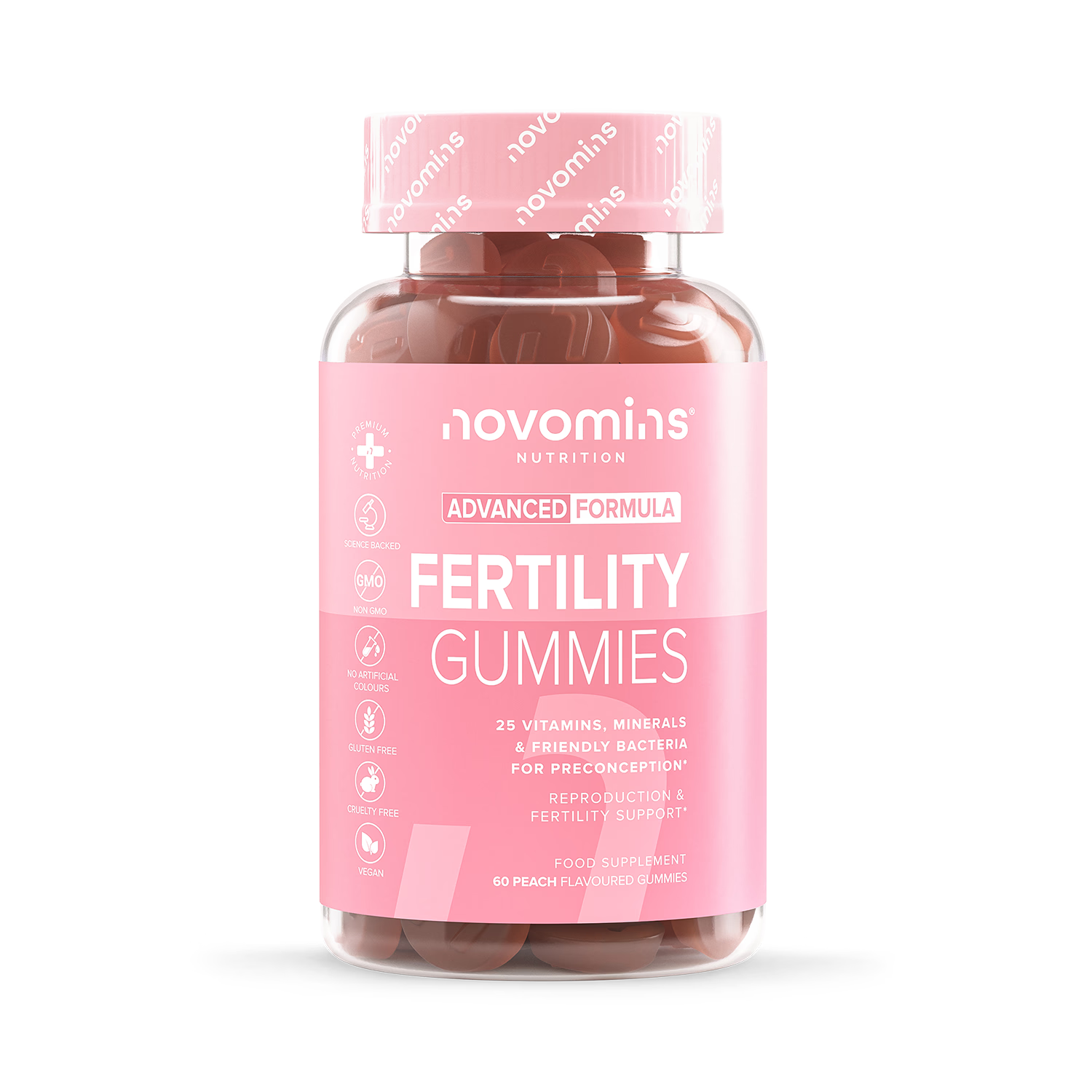 Novomins fertility gummies peach flavoured 60 count, imported from the UK