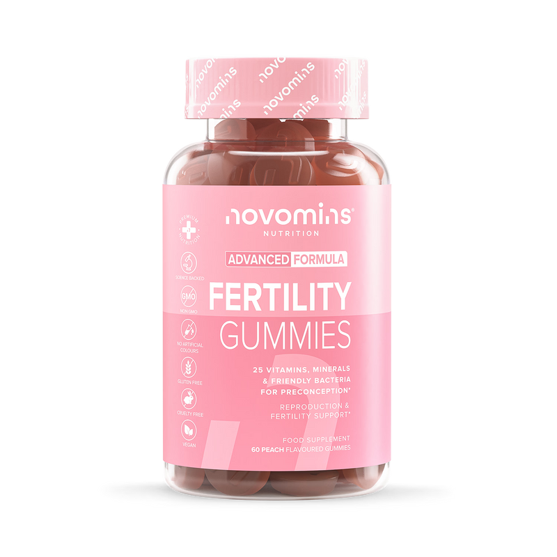 Novomins fertility gummies peach flavoured 60 count, imported from the UK