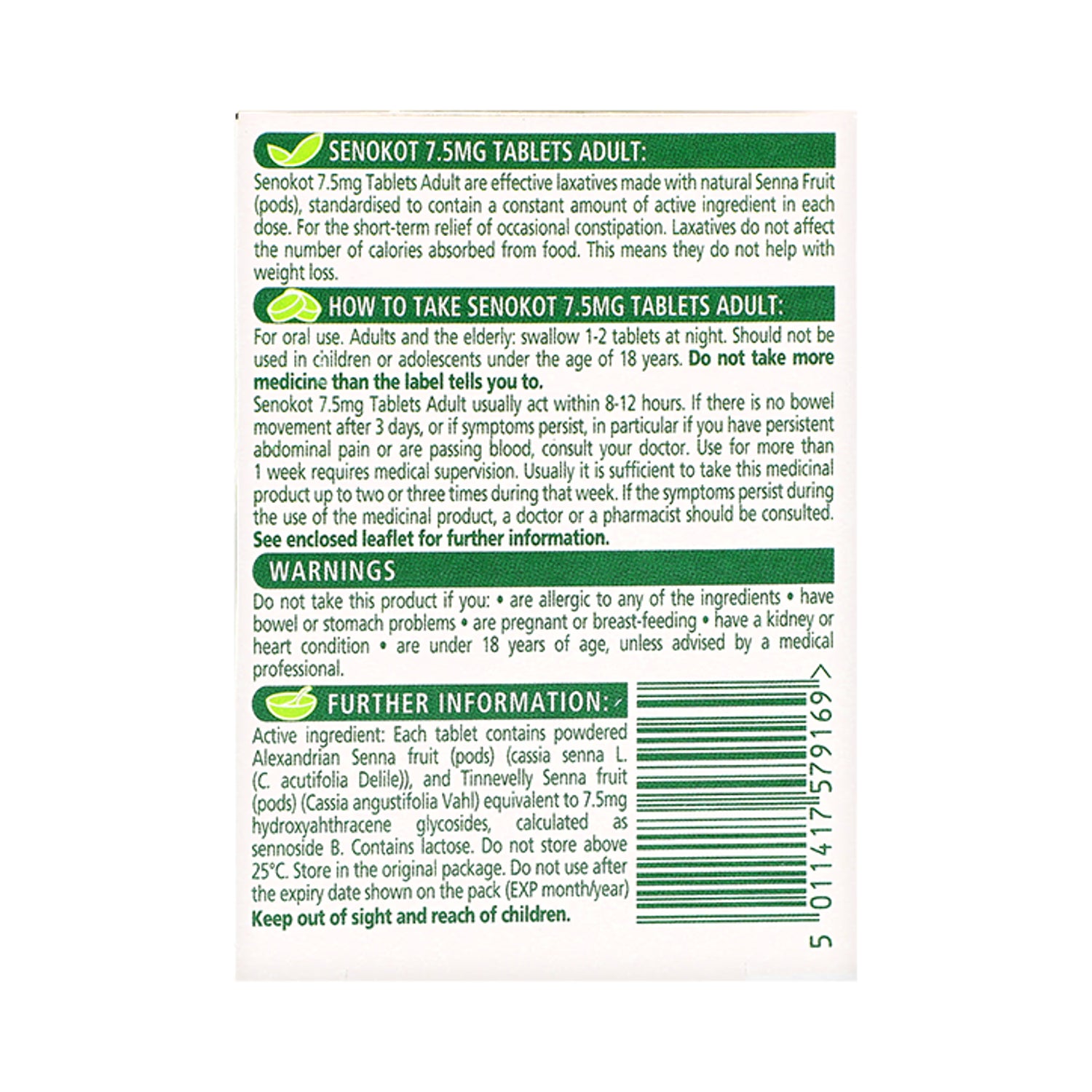 Senokot 20 tablets laxative 7.5mg, UK version