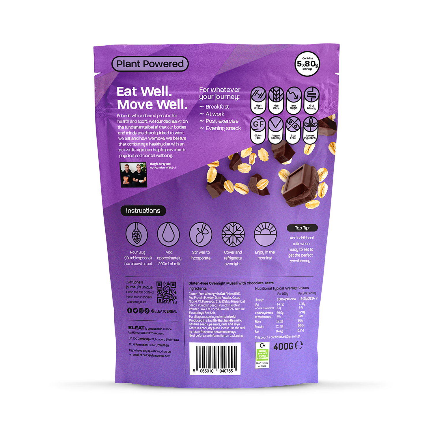ELEAT overnight oats dark chocolate 400g, imported from the UK