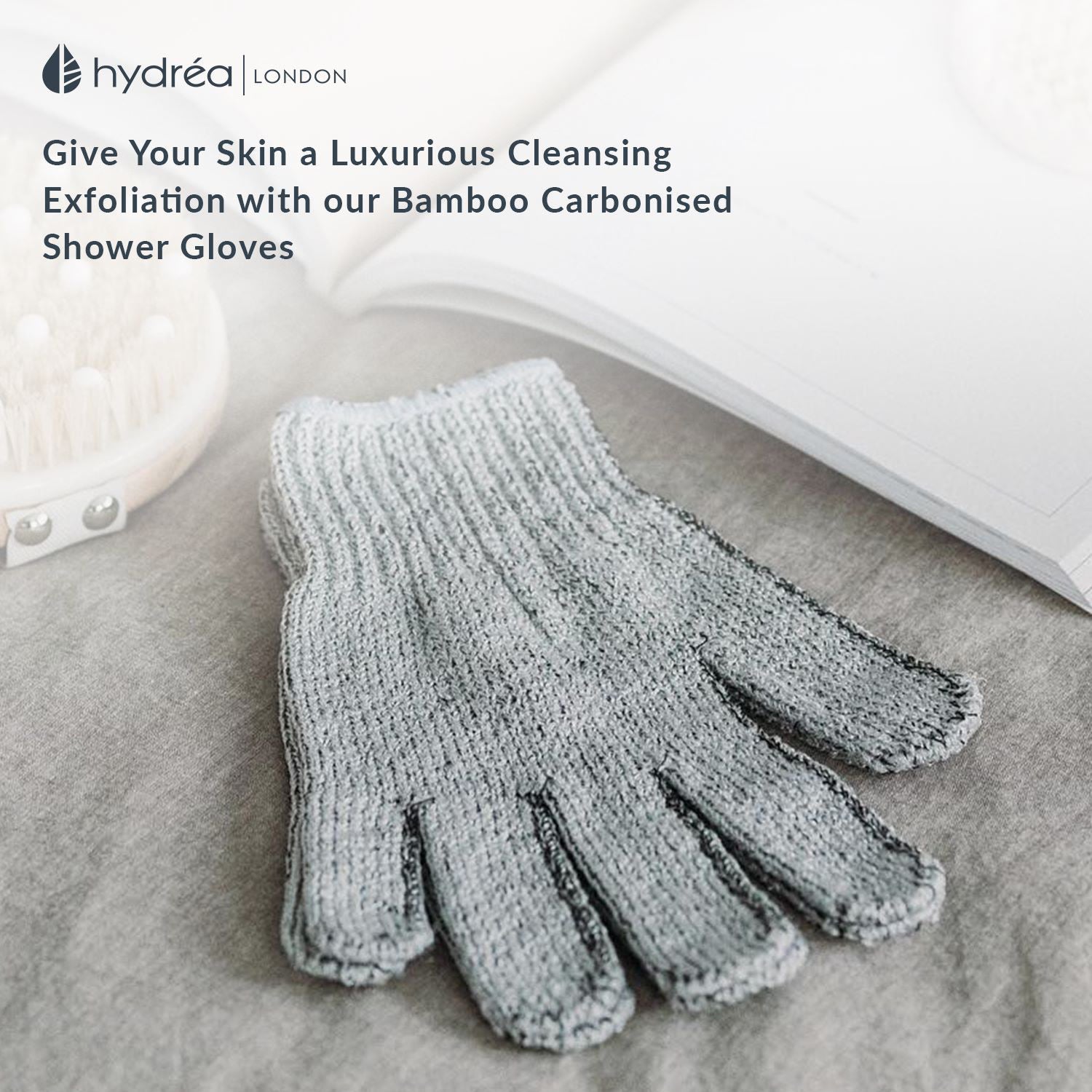 Hydréa London carbonized bamboo exfoliating shower gloves (British brand)