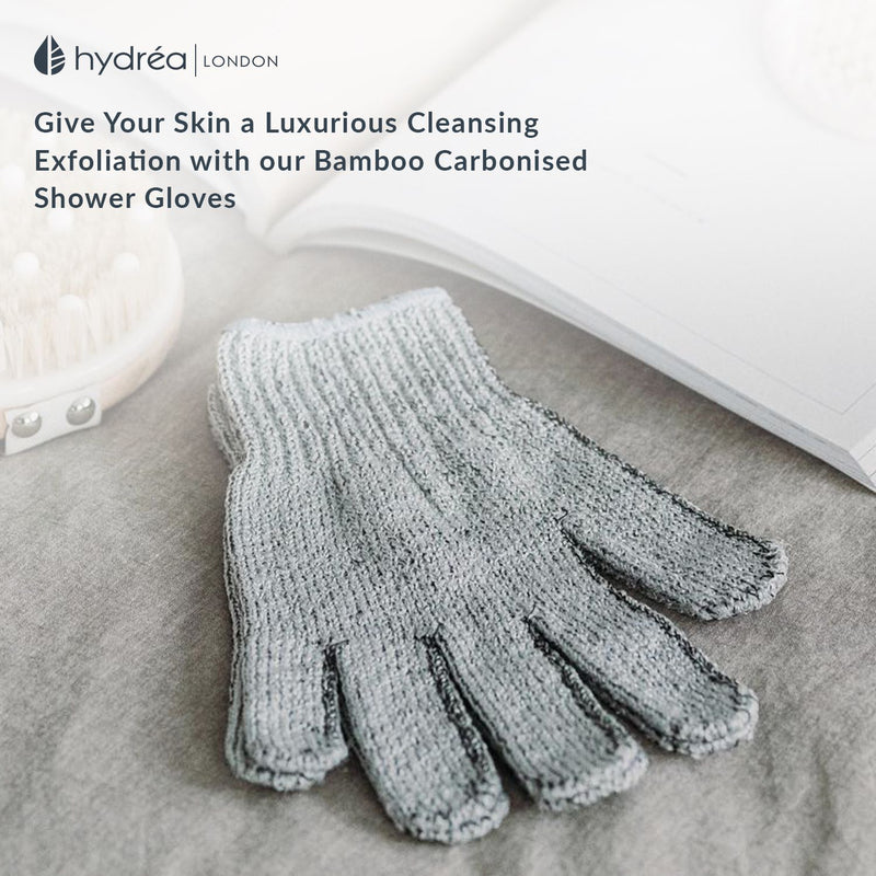 Hydréa London carbonized bamboo exfoliating shower gloves (British brand)
