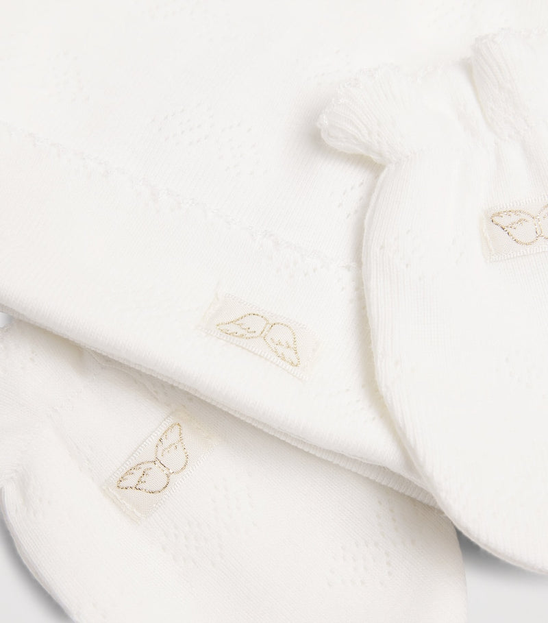 Marie-Chantal baby hat and mitten gift set in pointelle cotton, imported from the UK