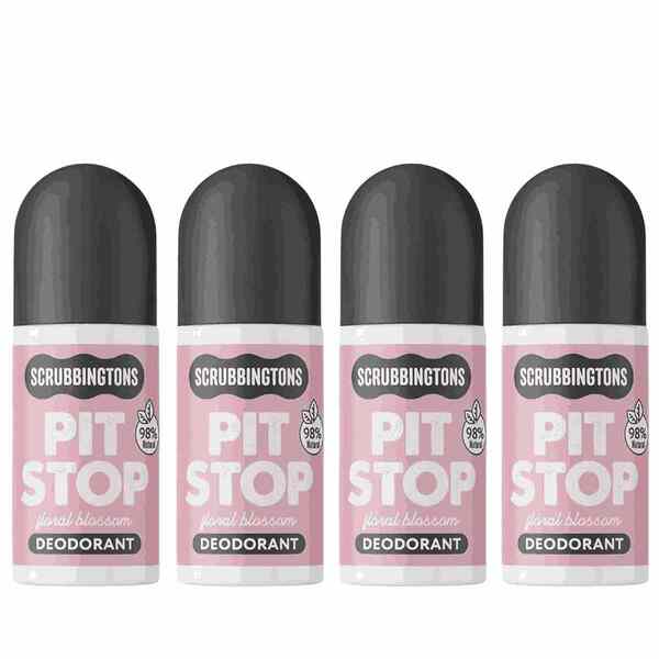 Scrubbingtons Pit Stop Floral Blossom deodorant 75ml 4-pack, imported from the UK