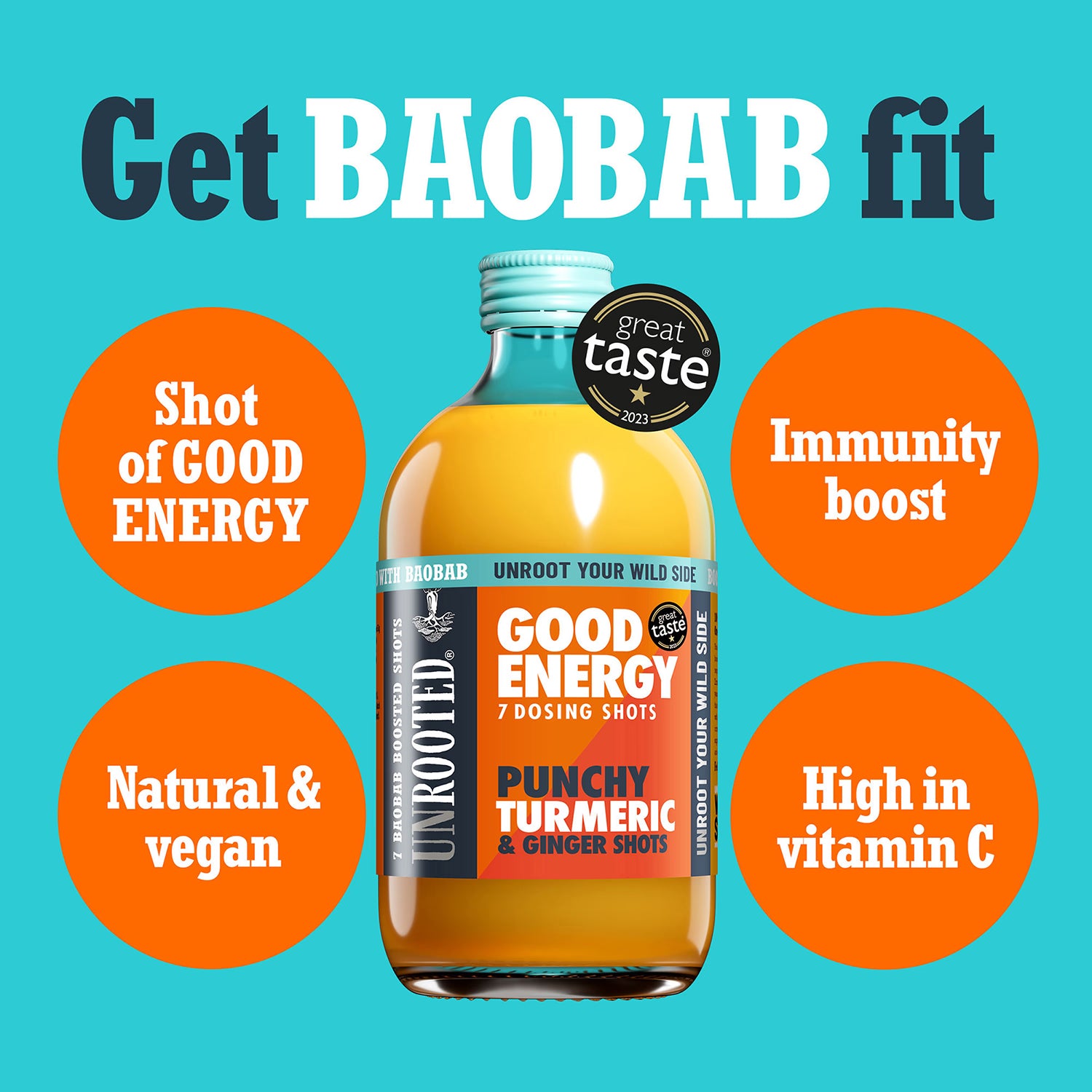 Unrooted energy dosing bottle Punchy Turmeric & Ginger 420ml, imported from the UK