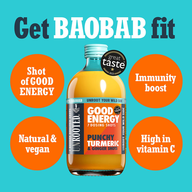 Unrooted energy dosing bottle Punchy Turmeric & Ginger 420ml, imported from the UK