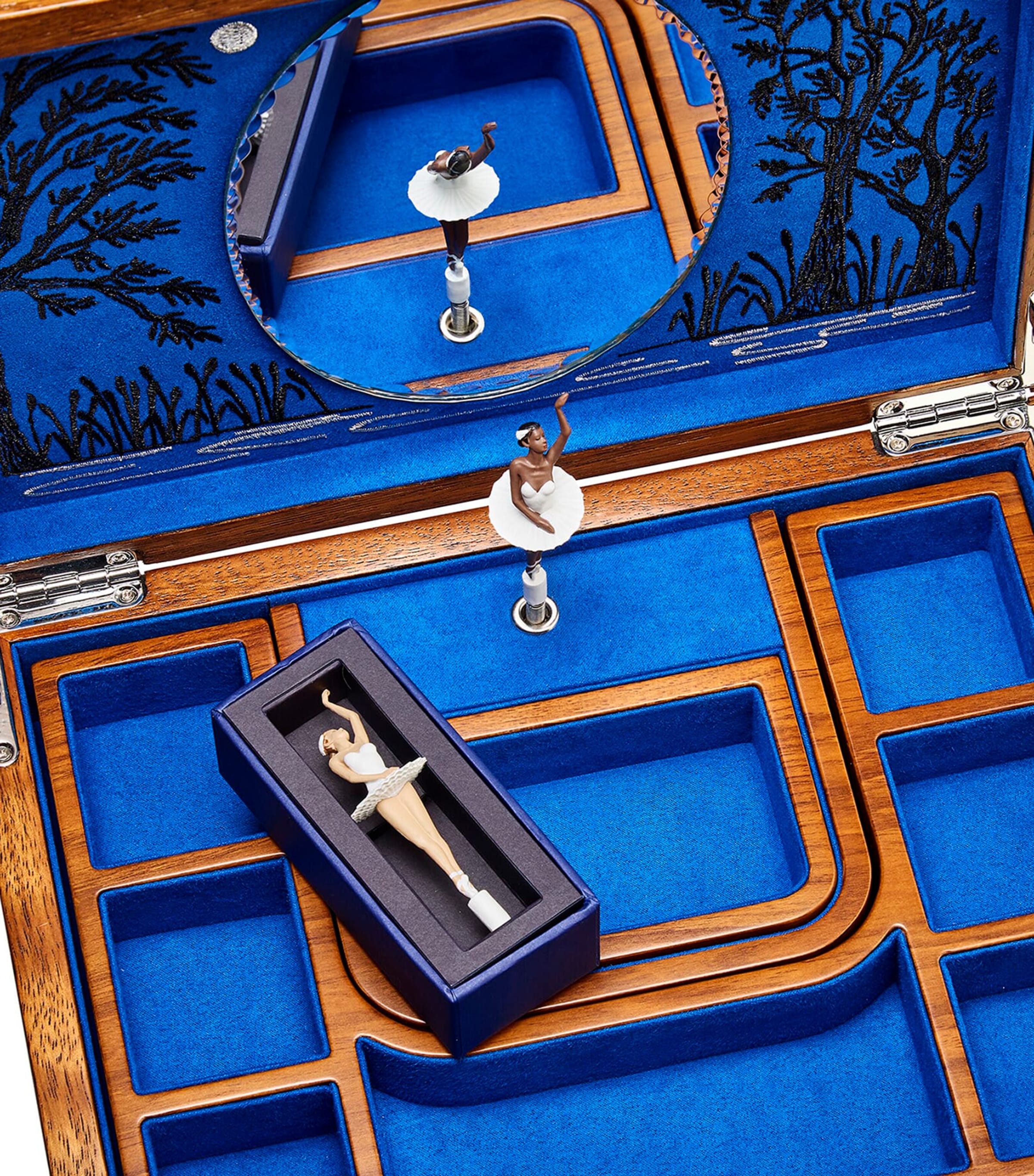 WOLF ballet musical jewellery box with Swan Lake music and embroidered theatre design (British brand)