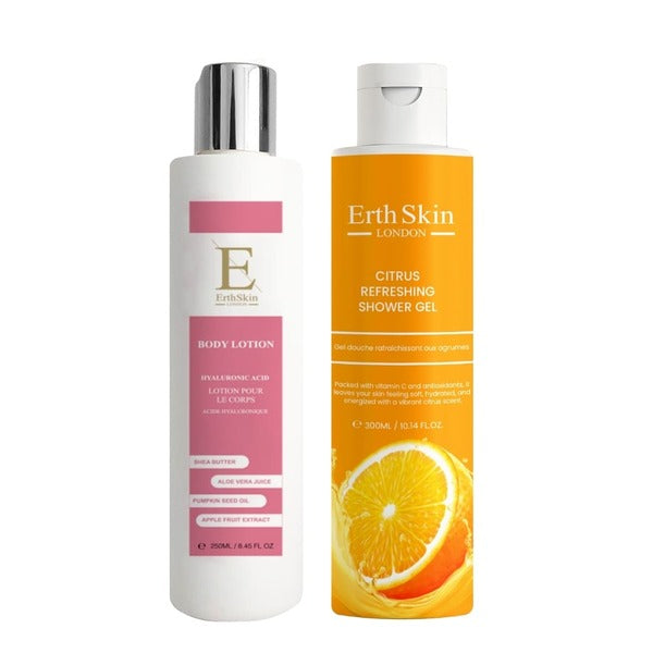 Erth Skin London citrus shower gel and collagen lotion duo, UK version