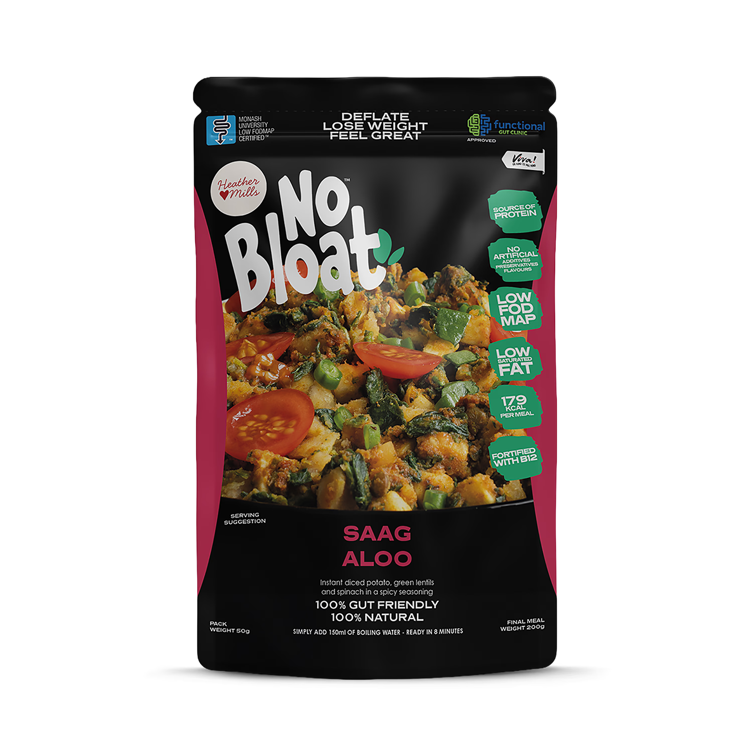 No Bloat Saag Aloo vegan pouch 4 x 50g, imported from the UK