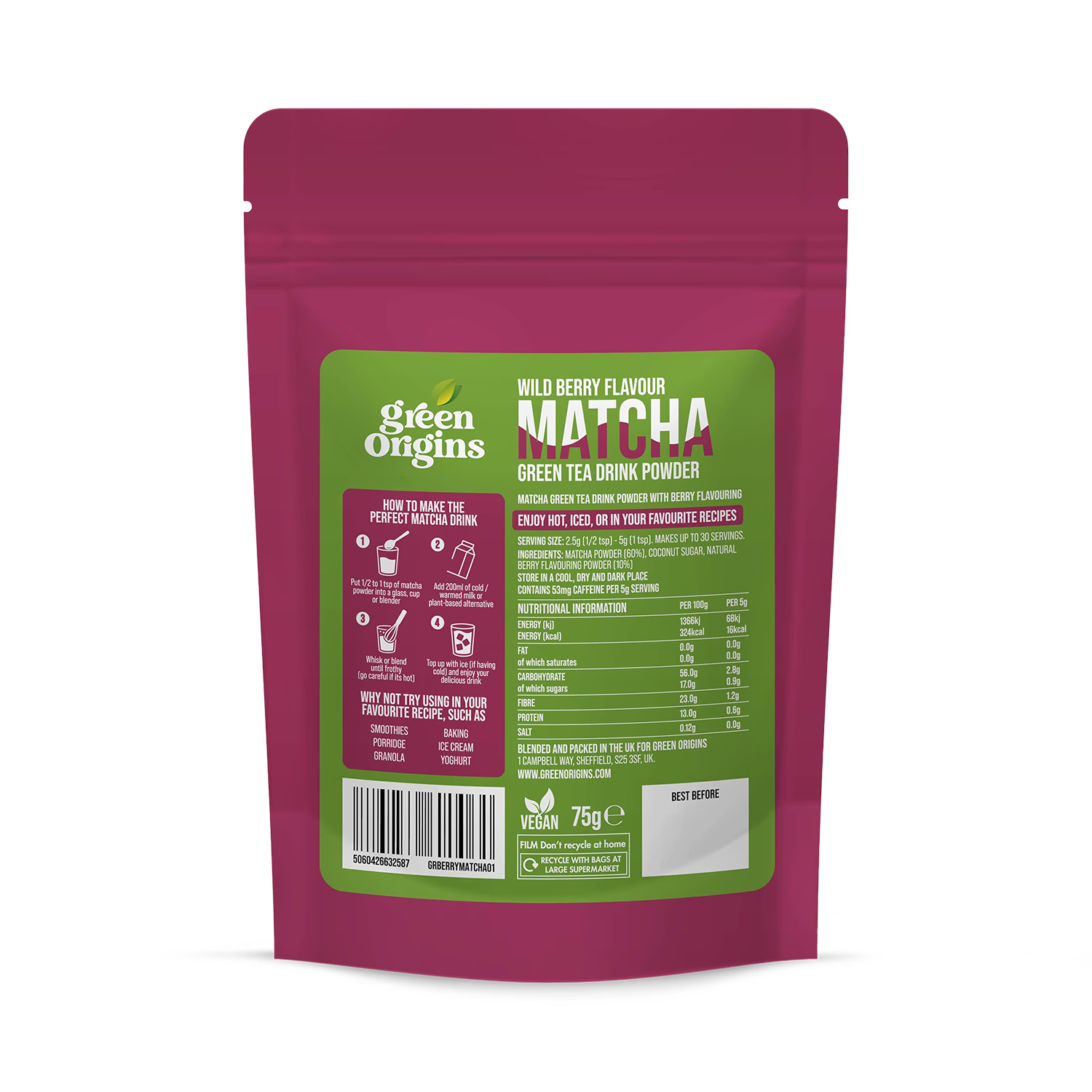 Green Origins Wild Berry Matcha powder 75g, UK version