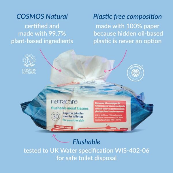 Natracare safe to flush moist tissues 6 packets (British brand)