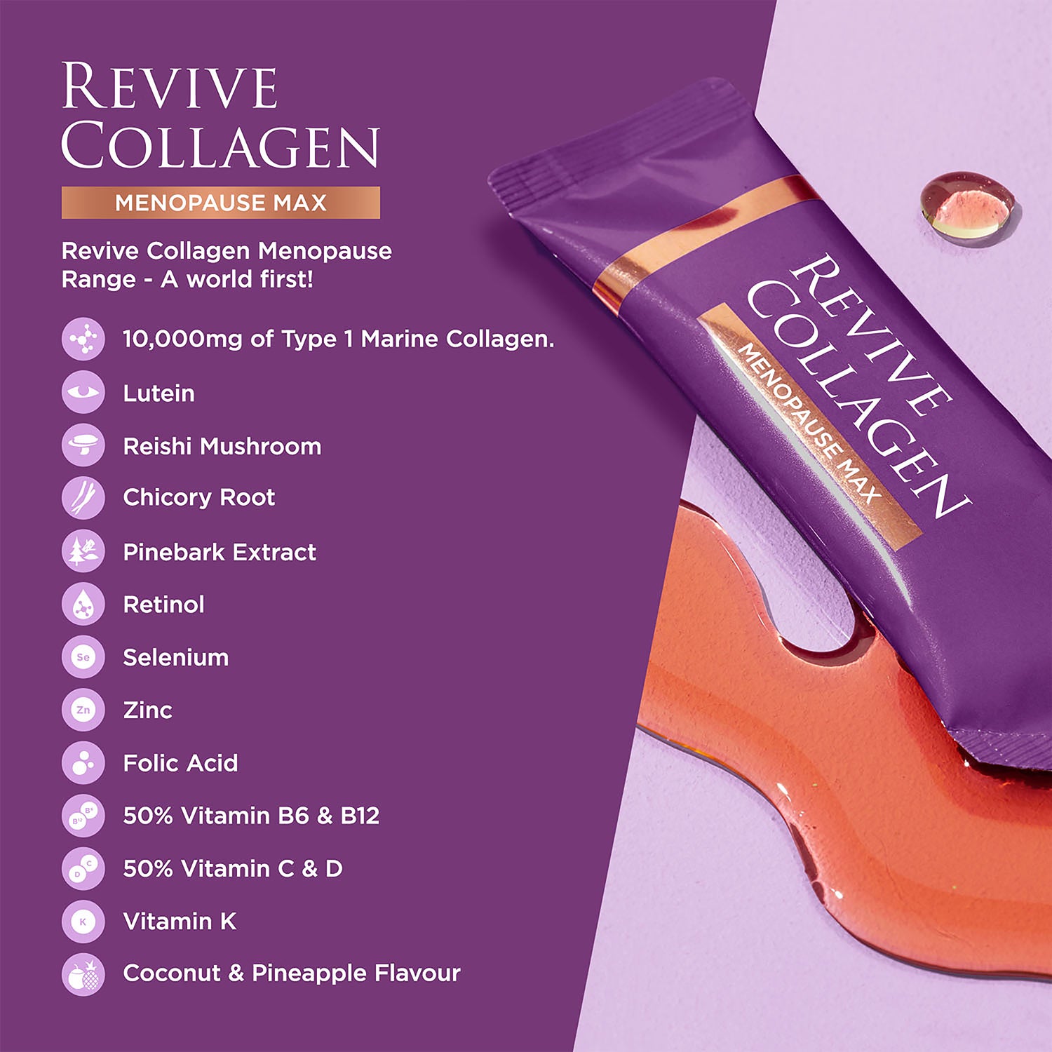 Revive Collagen Menopause Max 10,000mg powder sachets, imported from the UK