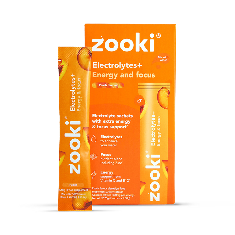 Zooki Electrolytes+ Energy & Focus, Peach Flavour 30 Sachets