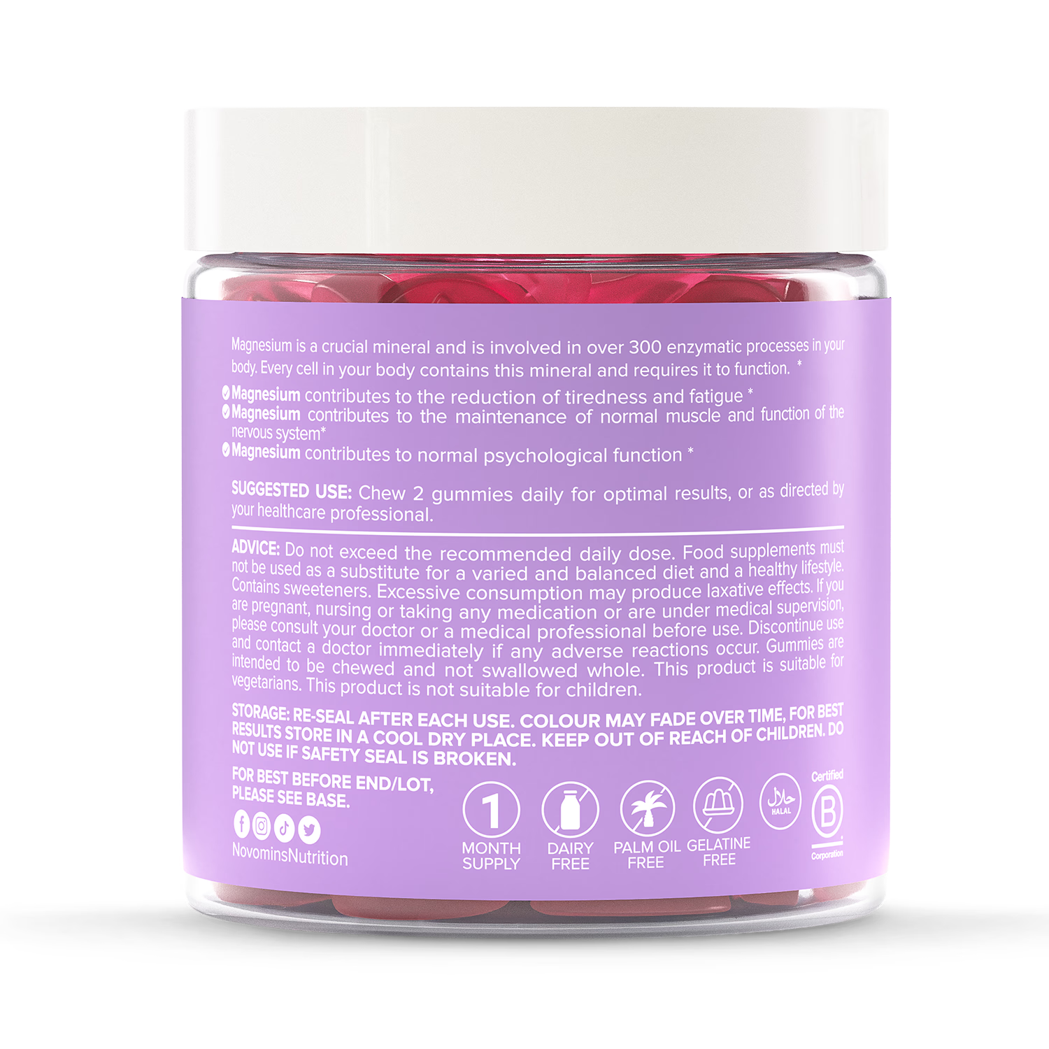 Novomins Magnesium gummies raspberry flavoured 60 pack (British brand)