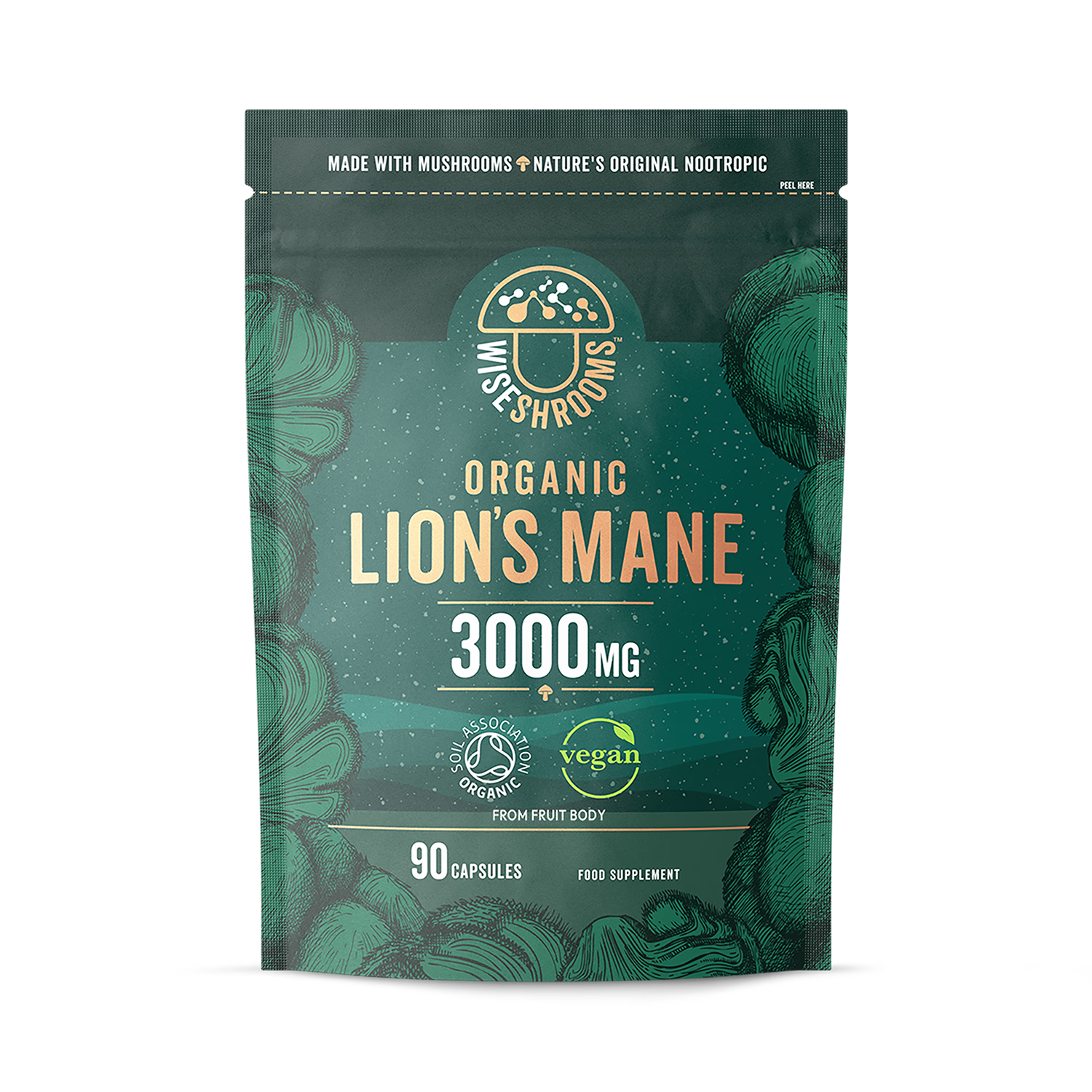 Wiseshrooms Organic Lions Mane 3000mg capsules, 90 count, UK version