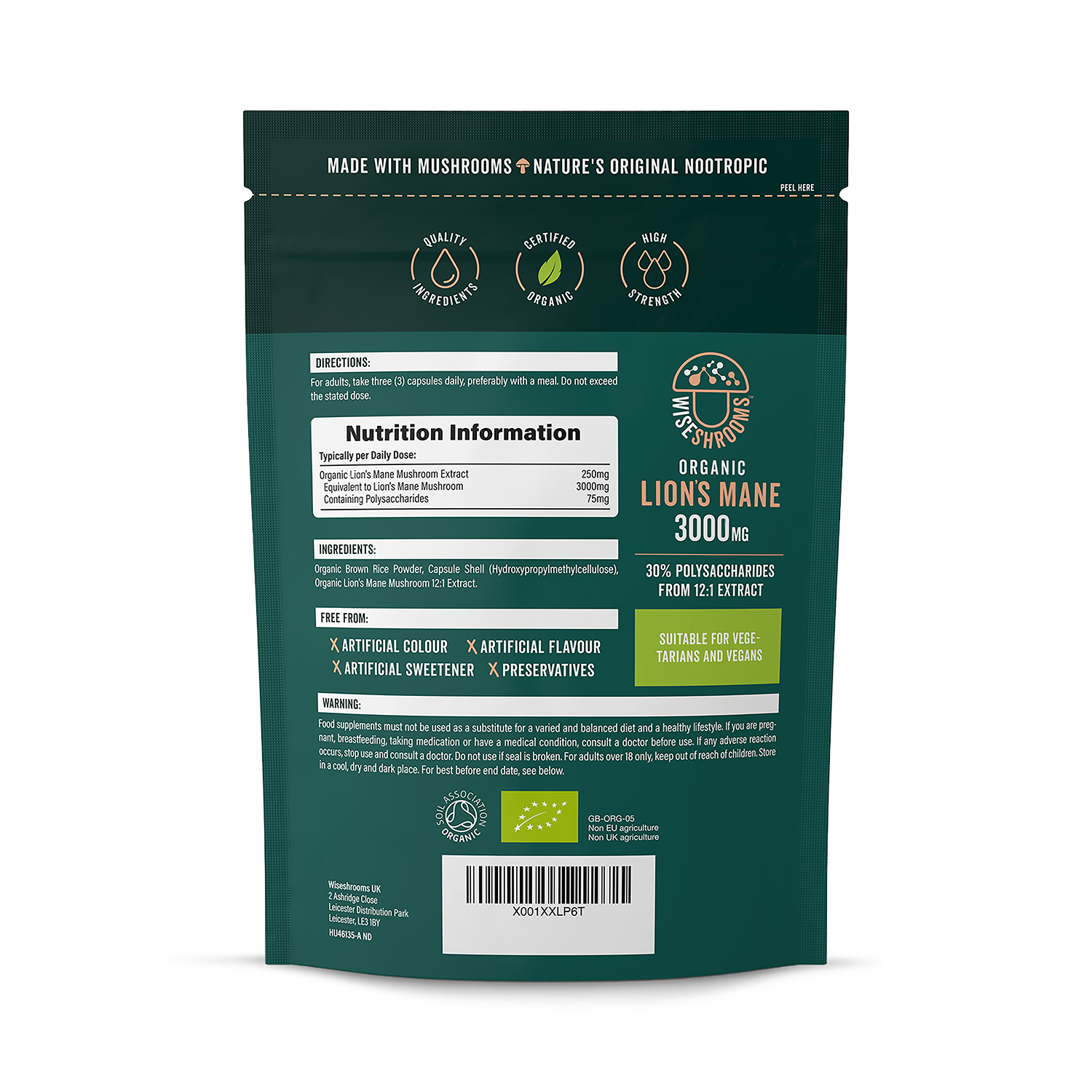 Wiseshrooms Organic Lions Mane 3000mg capsules, 90 count, UK version