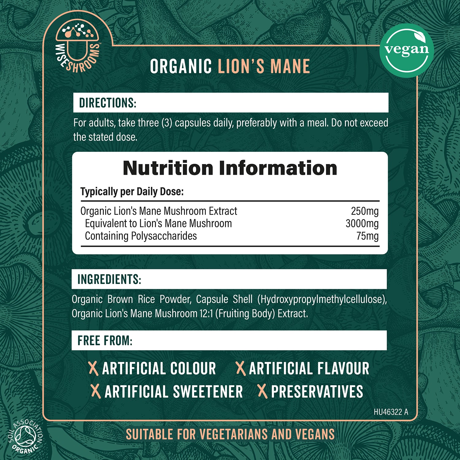 Wiseshrooms Organic Lions Mane 3000mg capsules, 90 count, UK version