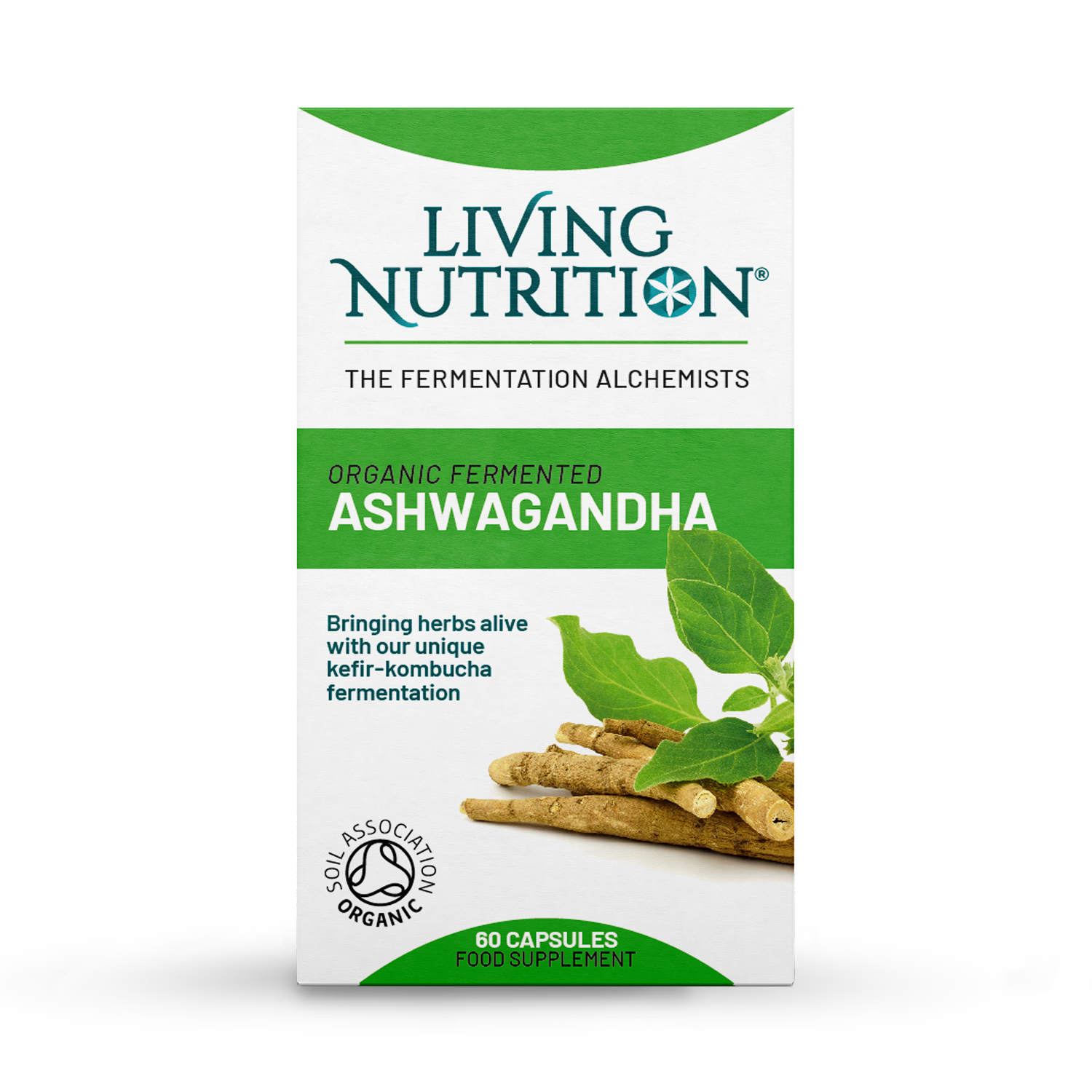 Living Nutrition organic fermented ashwagandha capsules 60, imported from the UK