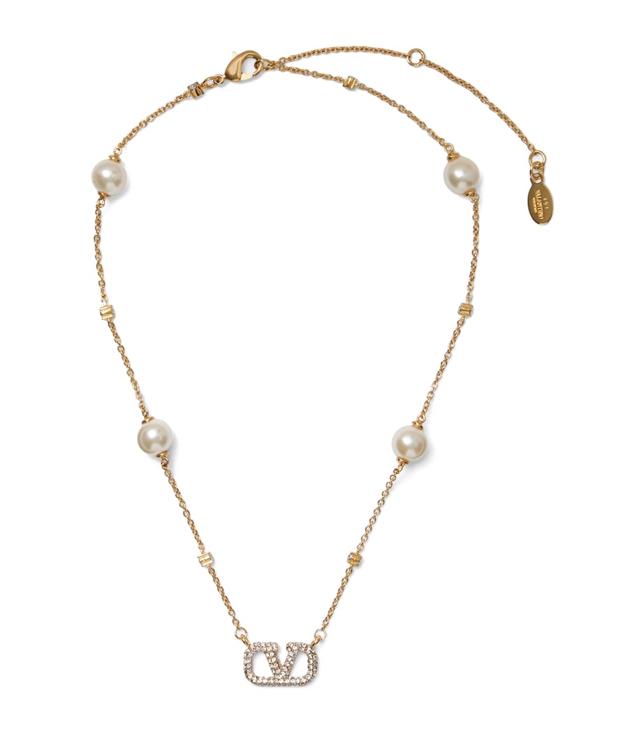 Valentino Garavani crystal and faux pearl VLogo necklace, imported from the UK