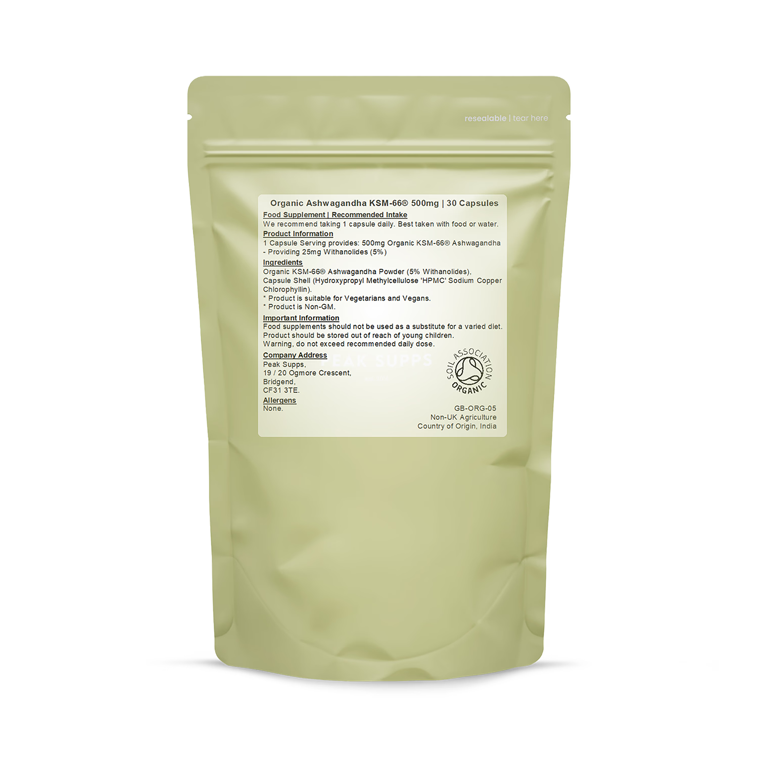 Peak Supps Organic Ashwagandha KSM-66 500mg capsules, imported from the UK
