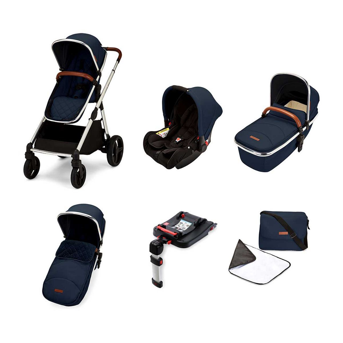 Ickle Bubba Eclipse travel system with galaxy car seat and isofix base chrome/midnight blue/tan GOODS Boots   