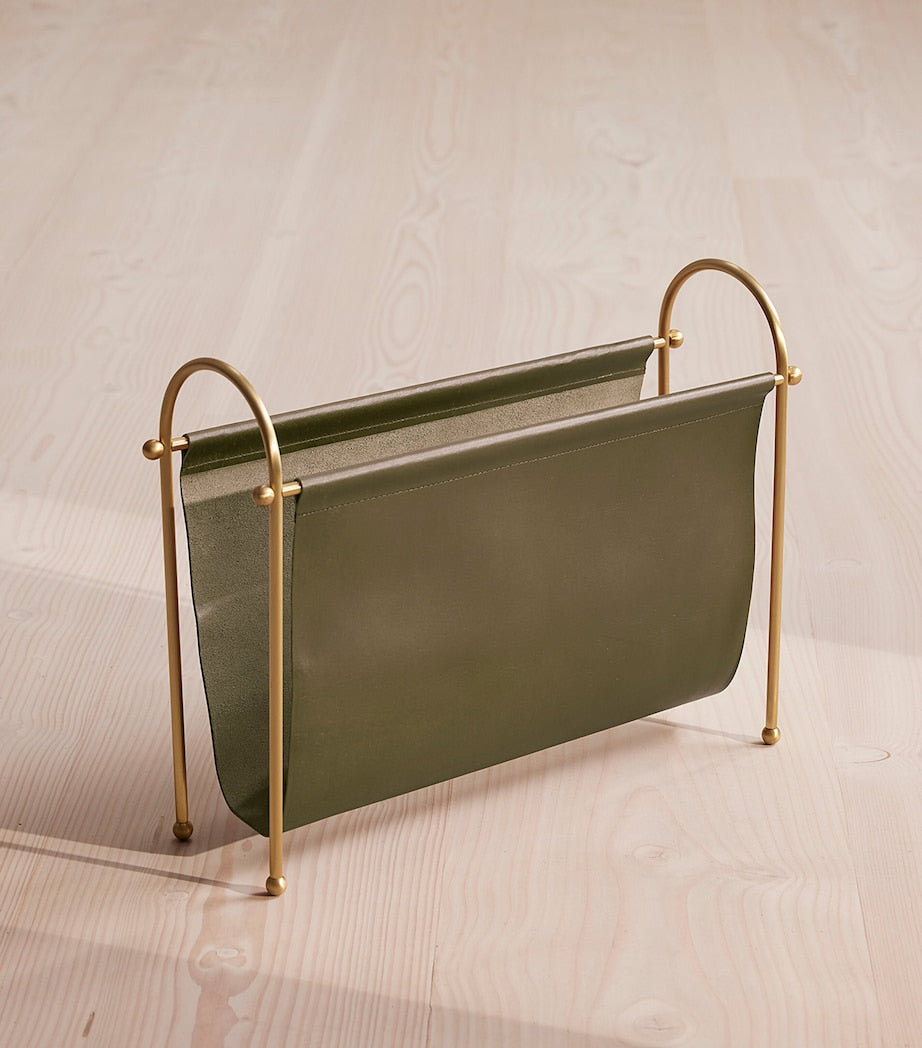 Soho Home leather magazine rack, imported from the UK