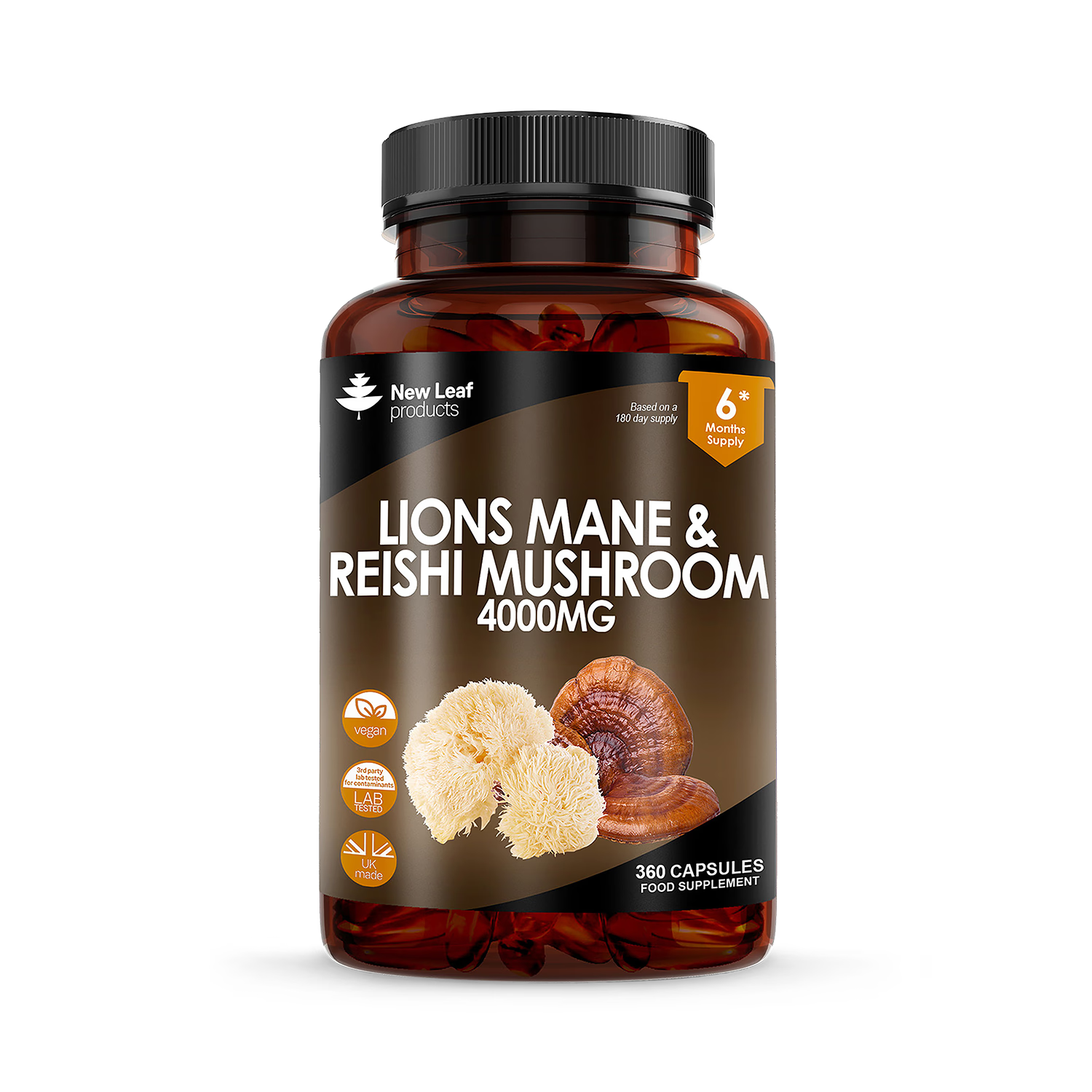 New Leaf Products Lions Mane Reishi mushroom supplement 360 capsules imported from the UK