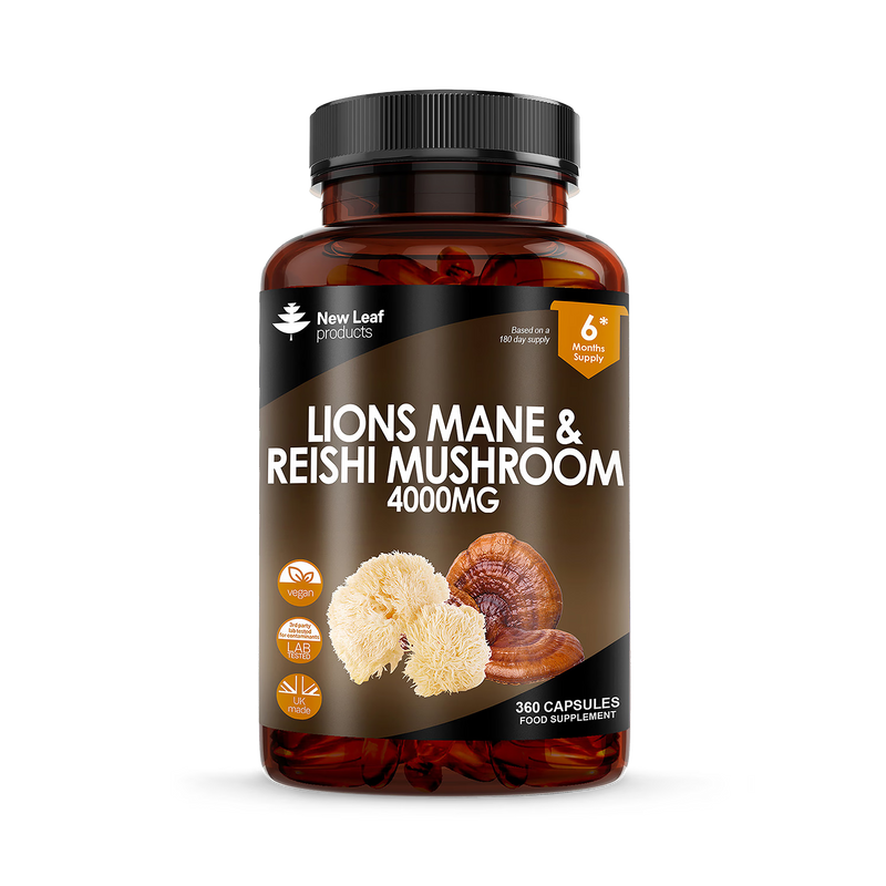 New Leaf Products Lions Mane Reishi mushroom supplement 360 capsules imported from the UK