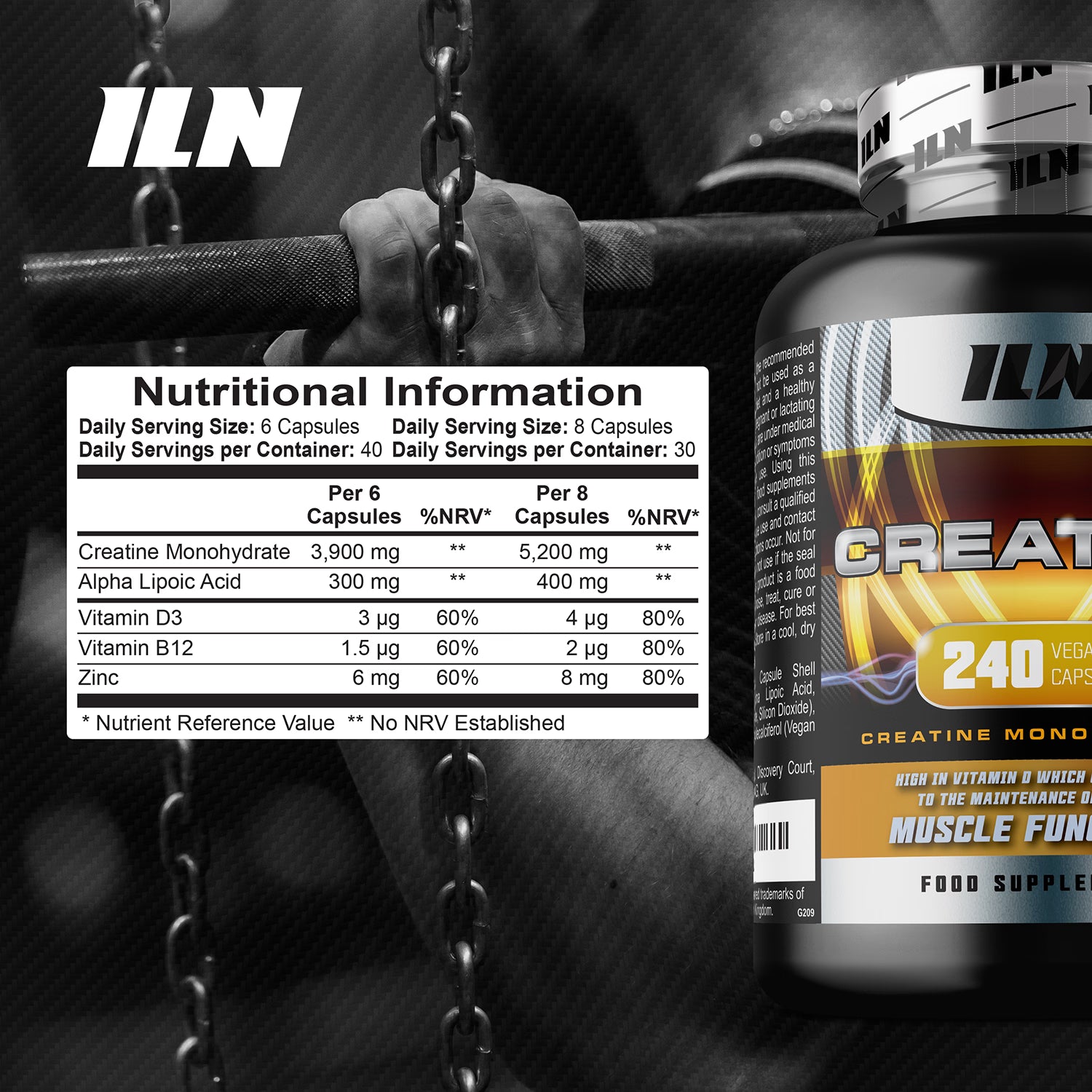 Iron Labs Nutrition creatine capsules 240 count, imported from the UK