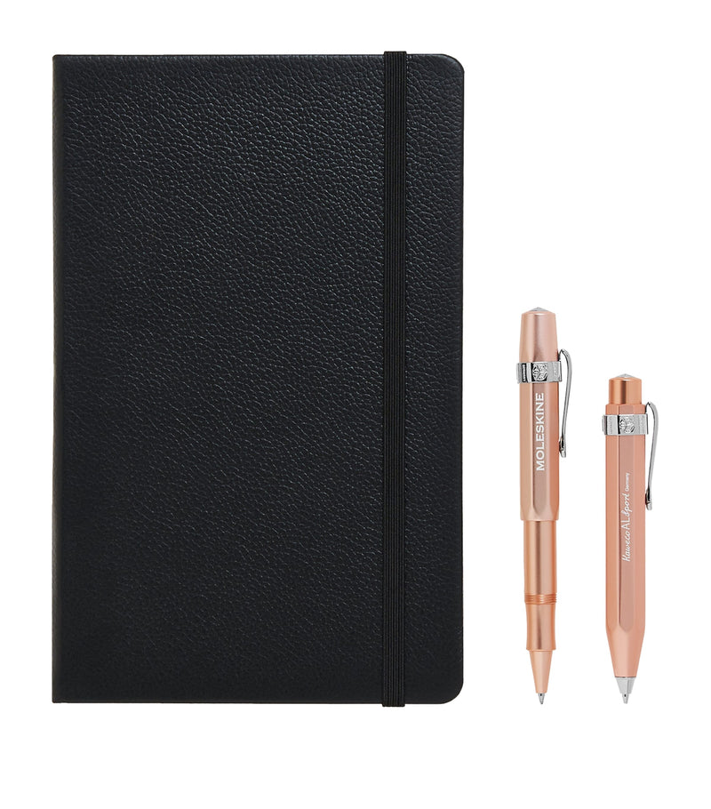 Moleskine leather notebook with rollerball pen and mechanical pencil set, imported from the UK