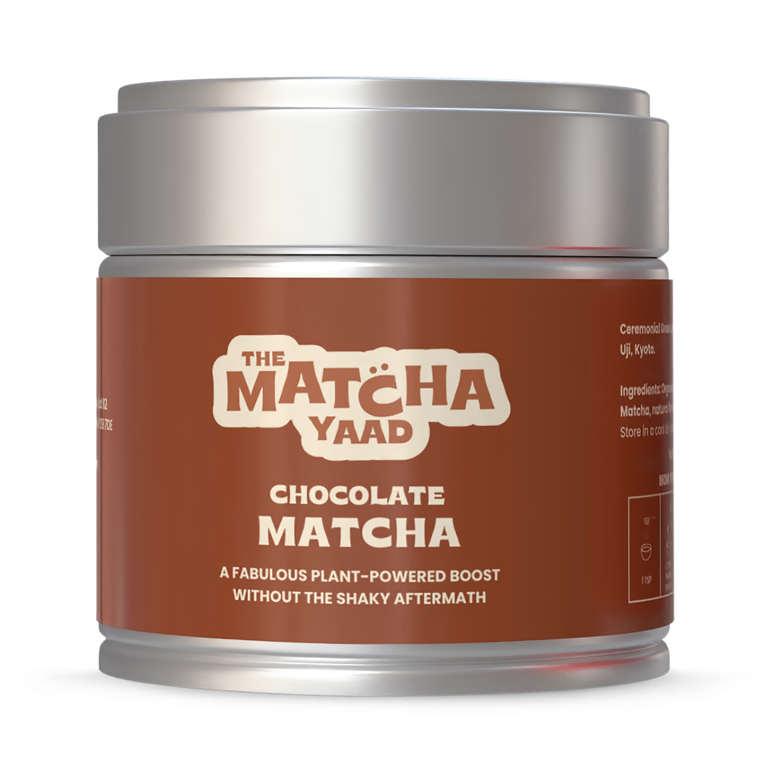 The Matcha Yaad chocolate matcha blend 25g tin, imported from the UK